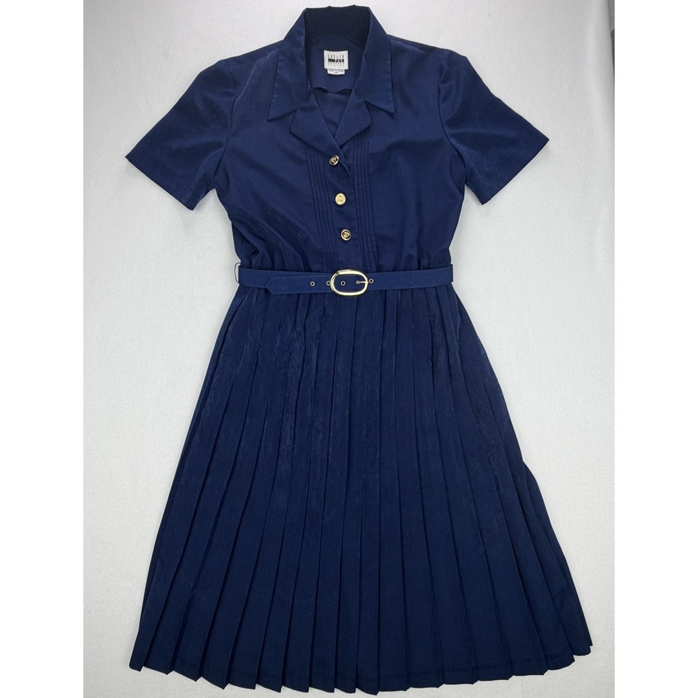 Leslie Fay Petite Navy Blue Short Sleeve Pleated Belted Dress Vintage 10P